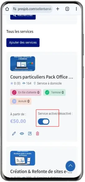 Liste des services sur mobile