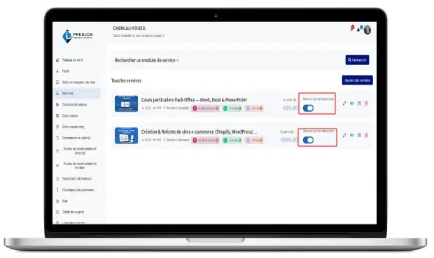 Liste des services avec les tarifs