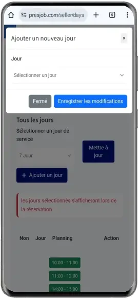 Fenêtre Ajouter un nouveau jour sur mobile
