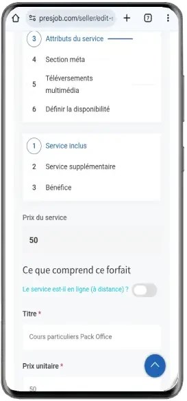 Liste des services avec prix sur mobile