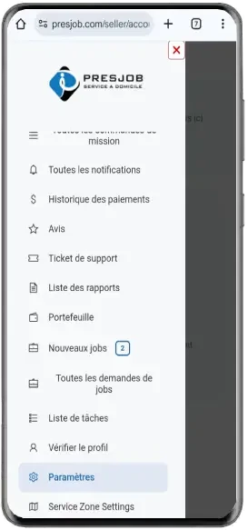 Menu mobile Presjob avec Paramètres sélectionné