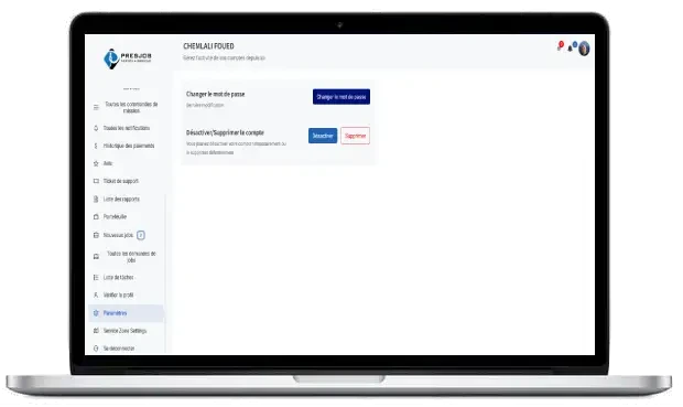 Page Paramètres du compte sur ordinateur