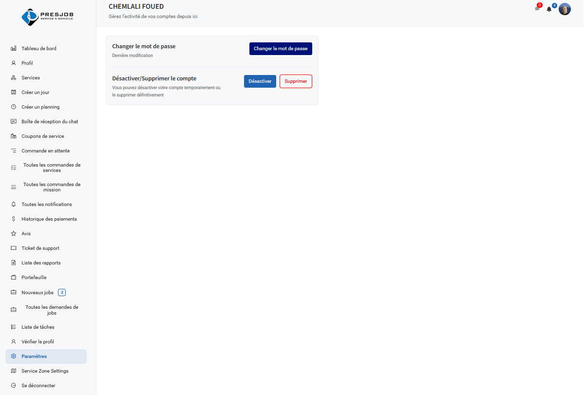 Paramètres - changer le mot de passe - PRESJOB