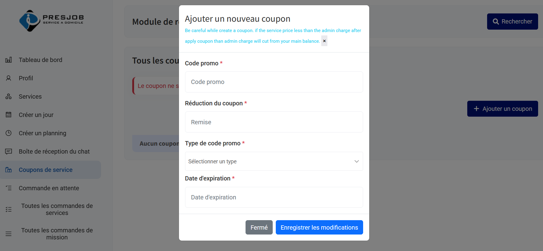 Fenêtre Ajouter un nouveau coupon - PRESJOB