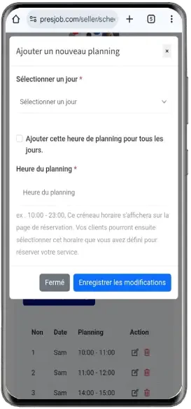 Fenêtre Ajouter un nouveau planning sur mobile