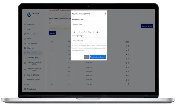 Fenêtre Ajouter un nouveau planning sur ordinateur