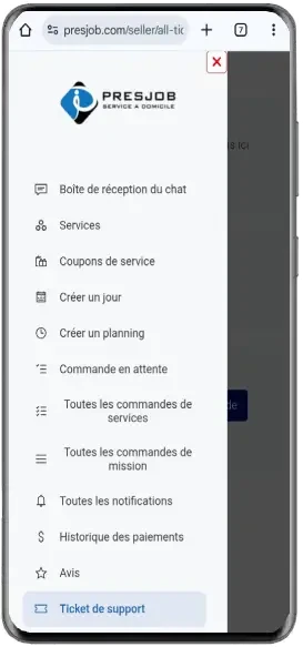 Menu mobile Presjob avec Ticket de support sélectionné