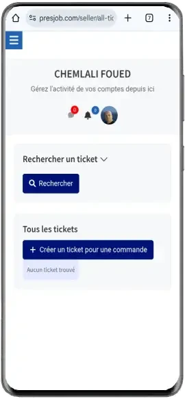 Menu mobile Presjob avec Ticket de support sélectionné