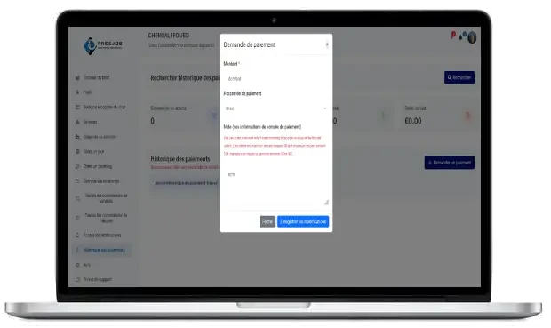 Fenêtre Demande de paiement sur ordinateur