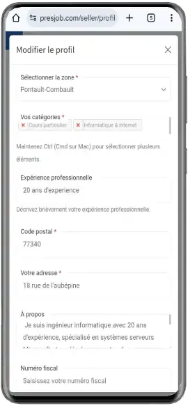 Modifier le profil Presjob sur mobile