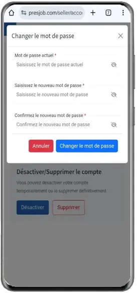 Formulaire changement de mot de passe sur mobile