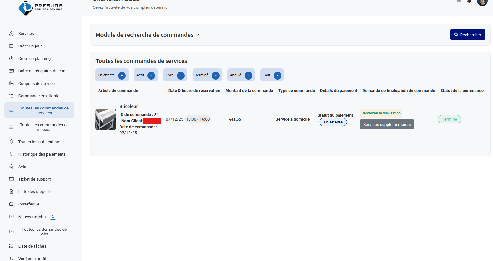 Page Toutes les commandes de services - tableau de bord prestataire PRESJOB