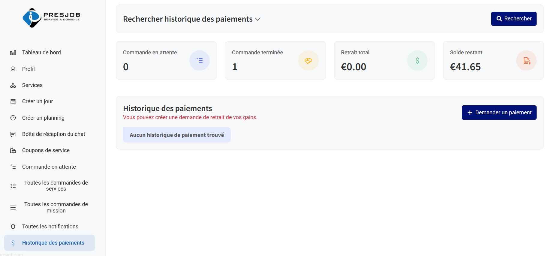Historique des paiements - tableau de bord prestataire PRESJOB