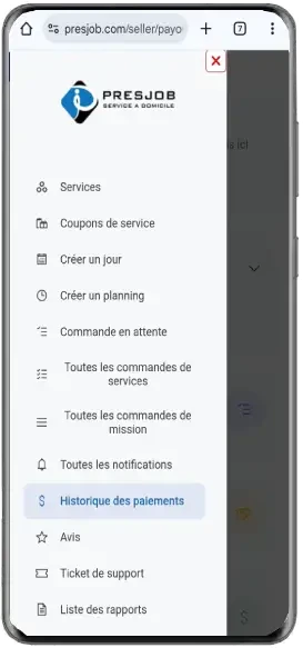Page Historique des paiements sur mobile
