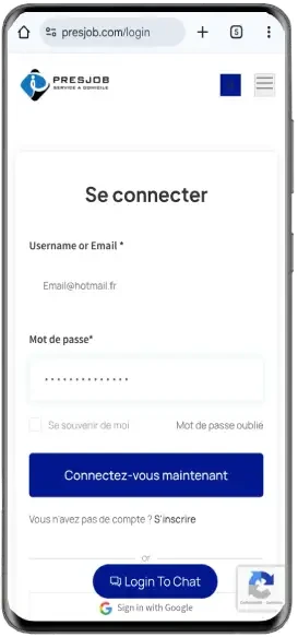 Connexion Presjob sur mobile