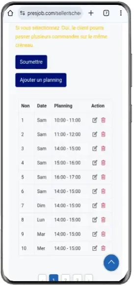 Liste des créneaux sur mobile dans la page Créer un planning