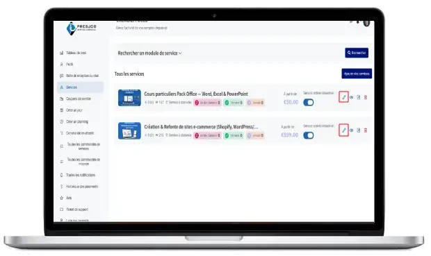 Attributs du service et prix sur ordinateur