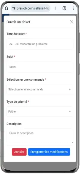 Fenêtre Ouvrir un ticket sur mobile Presjob