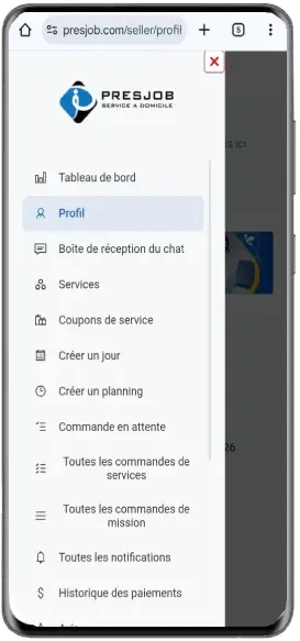 Page profil Presjob sur mobile