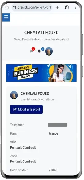 Page profil Presjob sur mobile