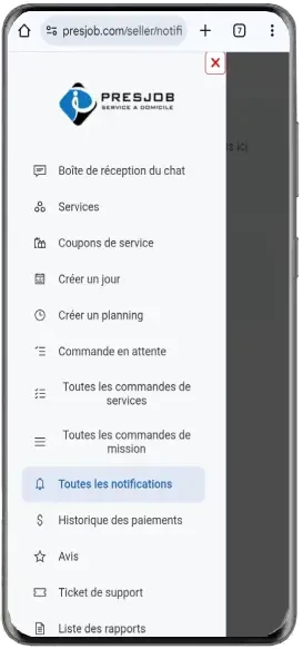 Menu mobile Presjob avec Toutes les notifications sélectionné