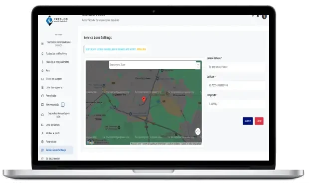 Écran Service Zone Settings sur Presjob avec carte et zone d'intervention